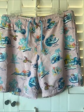 George Pink Tropical Print Swim Trunks with Teal Accents